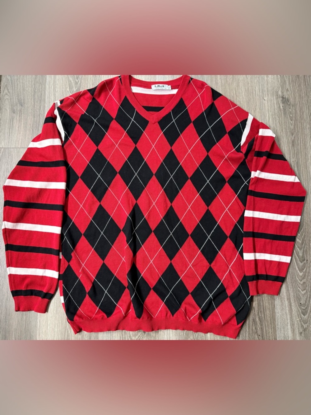 Lavane New York Red & Black Argyle & Striped V-Neck Sweater Men’s 2XLT